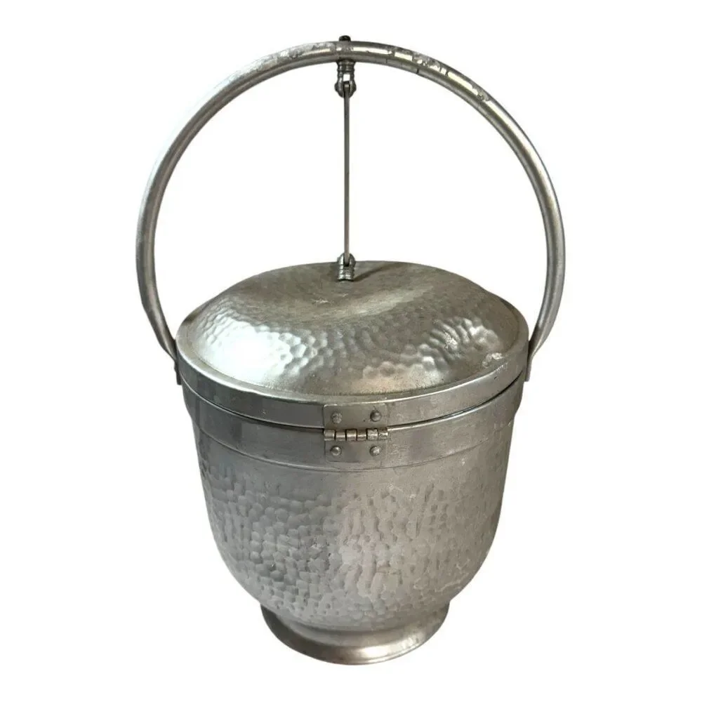 Vintage MCM Modern Nasco Italy Hammered Aluminum Ice Bucket With Lid & Handle